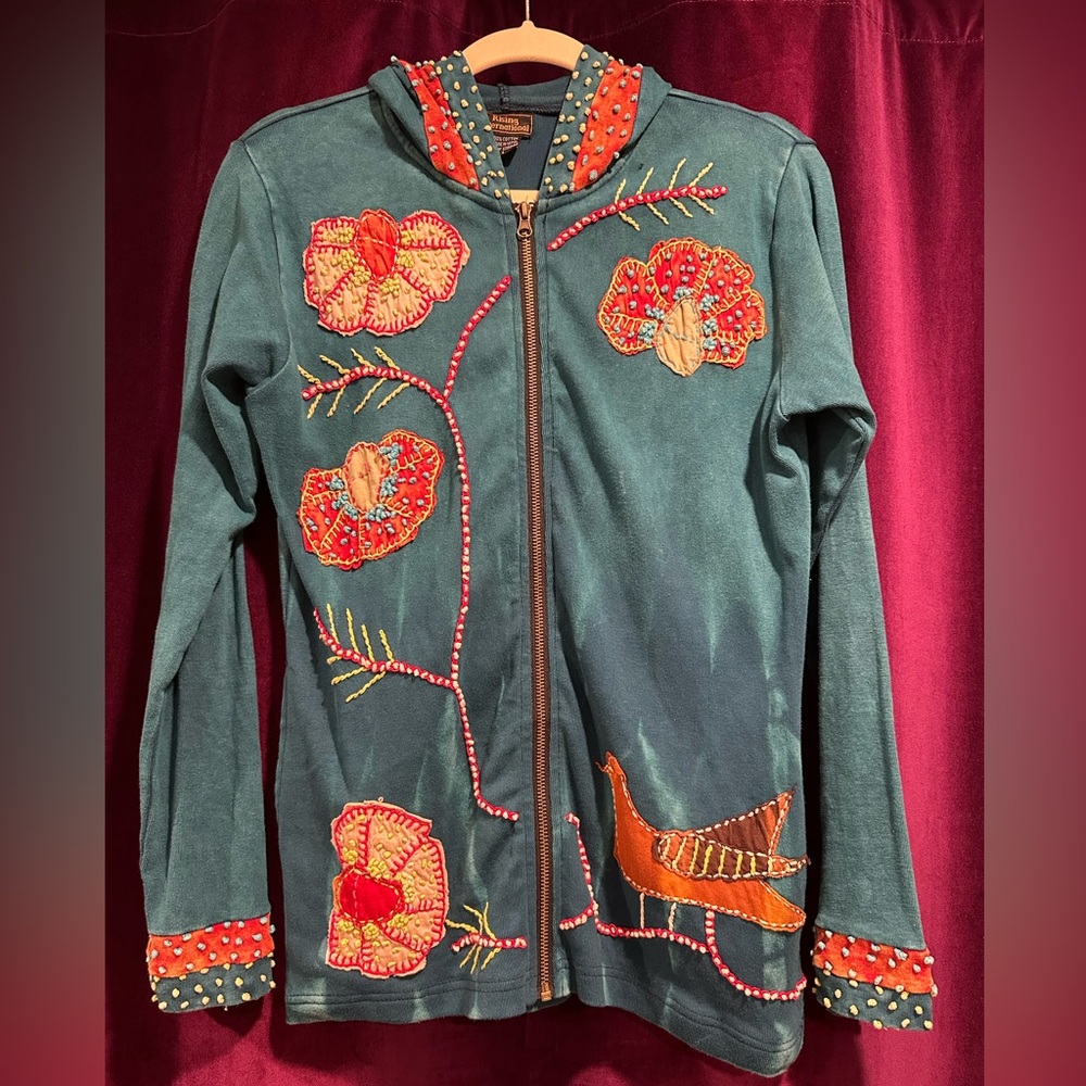 Colorful tie-dyed hoodie with birds and flowers, L